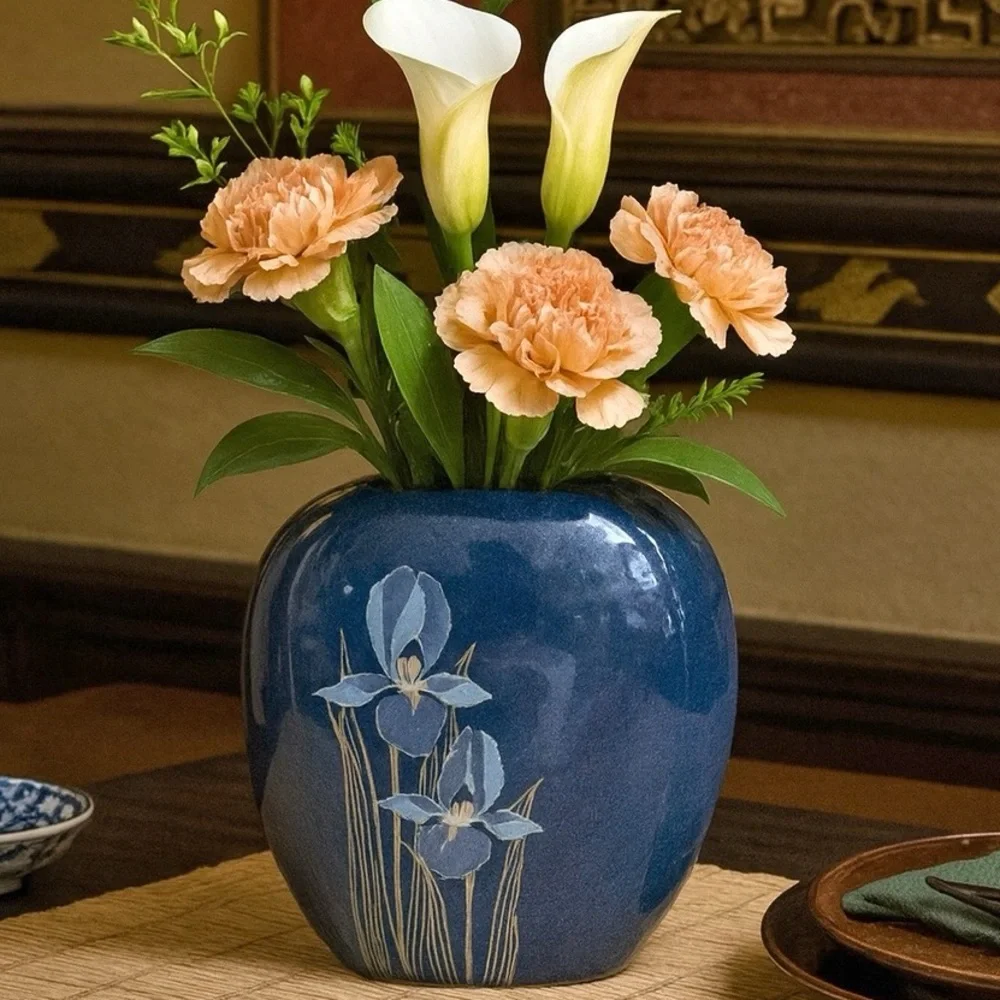 Vintage Otagiri 7” Cobalt Blue Iris Vase Japan Floral Design Ceramic 1970s 1980s